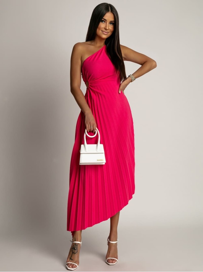 Pleated one-shoulder dress fuchsia 19181